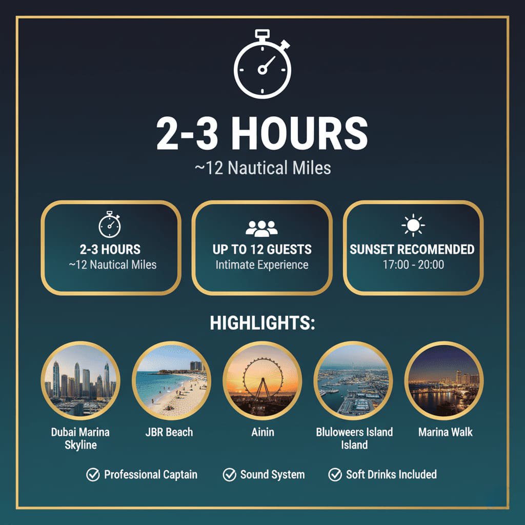 Dubai Marina JBR yacht tour route: explore iconic Dubai landmarks.