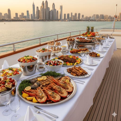 Premium luxury yacht catering and gourmet dining service Dubai.