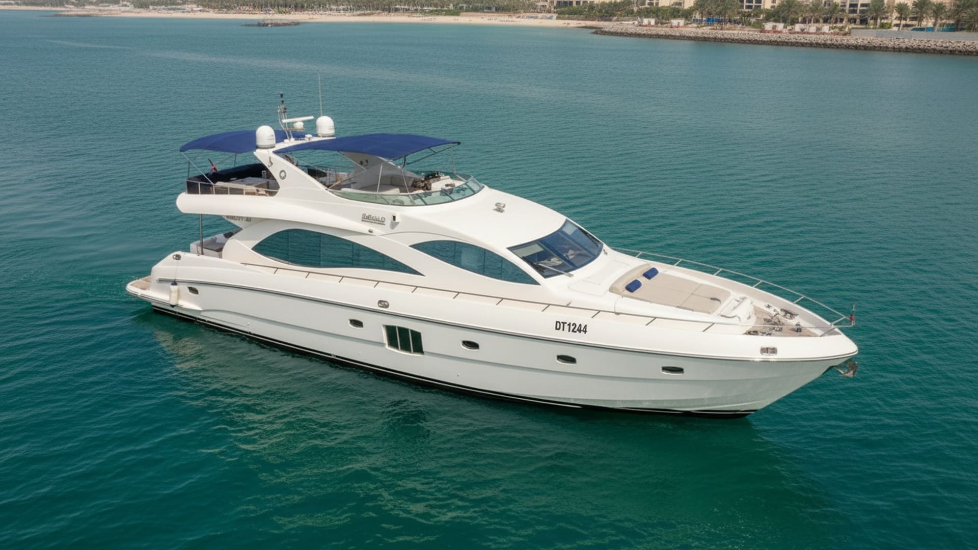 Crystal Legend 88 ft yacht, stunning aerial view, Dubai
