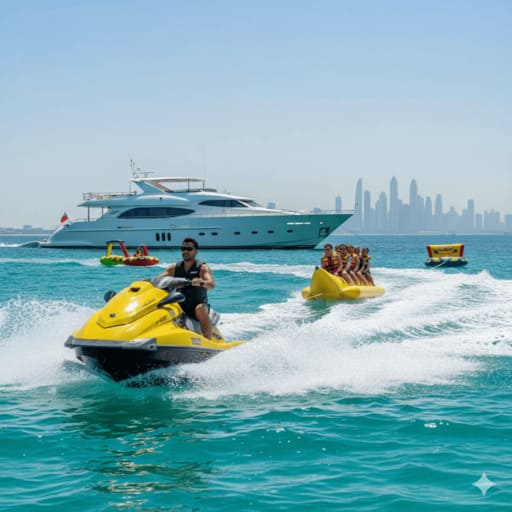 Luxury Dubai yacht watersports: jet ski, diving activities.