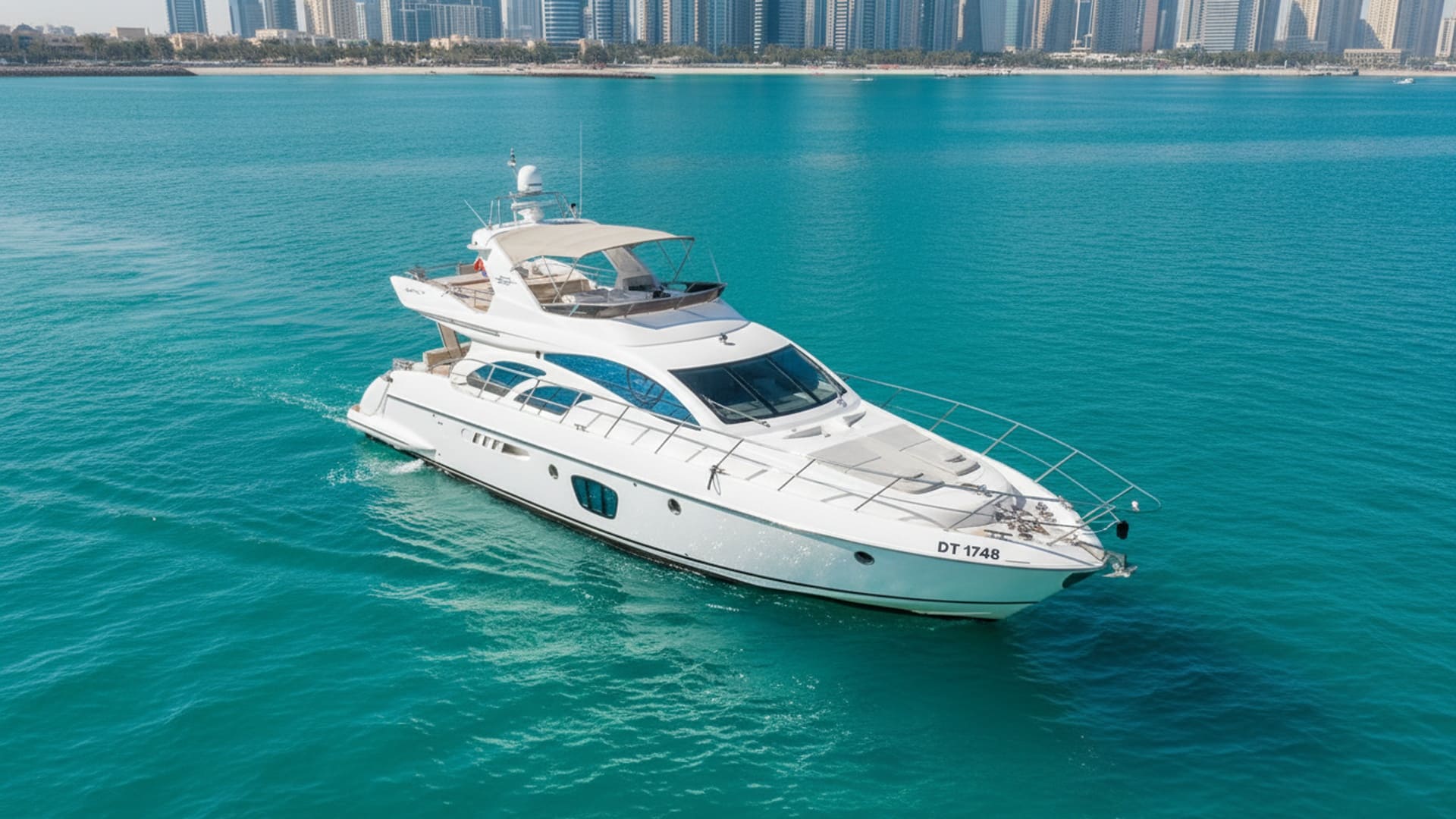 Ocean Fortune 55 ft yacht aerial view over Dubai Marina