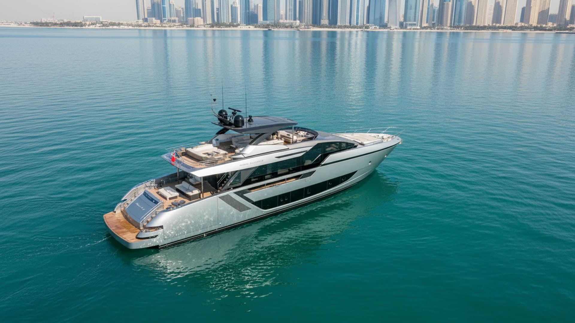 Aerial view of Marina Victor 82 ft yacht cruising Dubai waters
