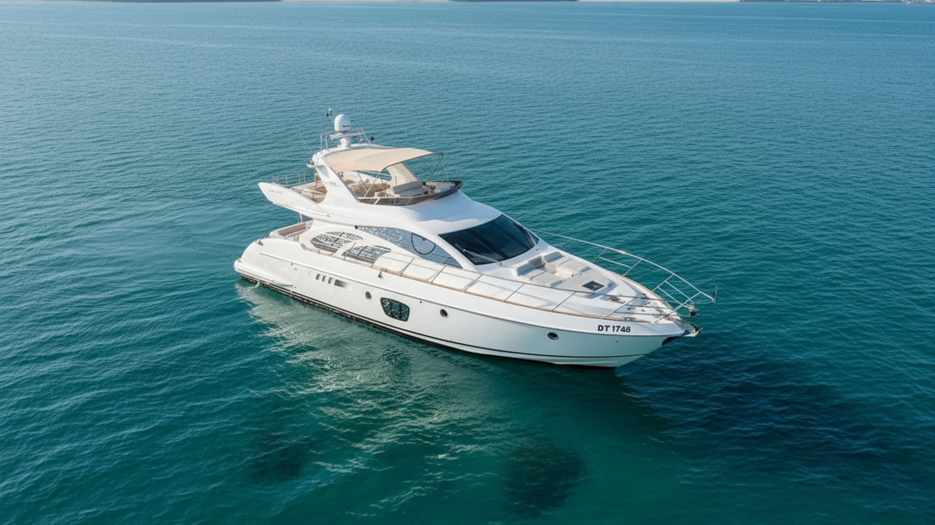 Aerial view Imperial Navigator 55 ft yacht, Dubai skyline