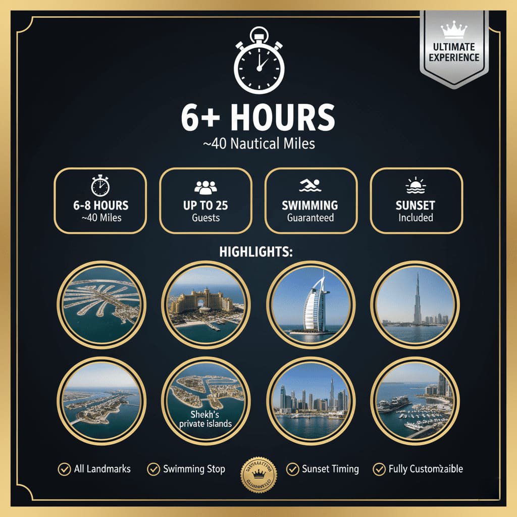 Dubai full-experience yacht tour route, seeing all highlights.
