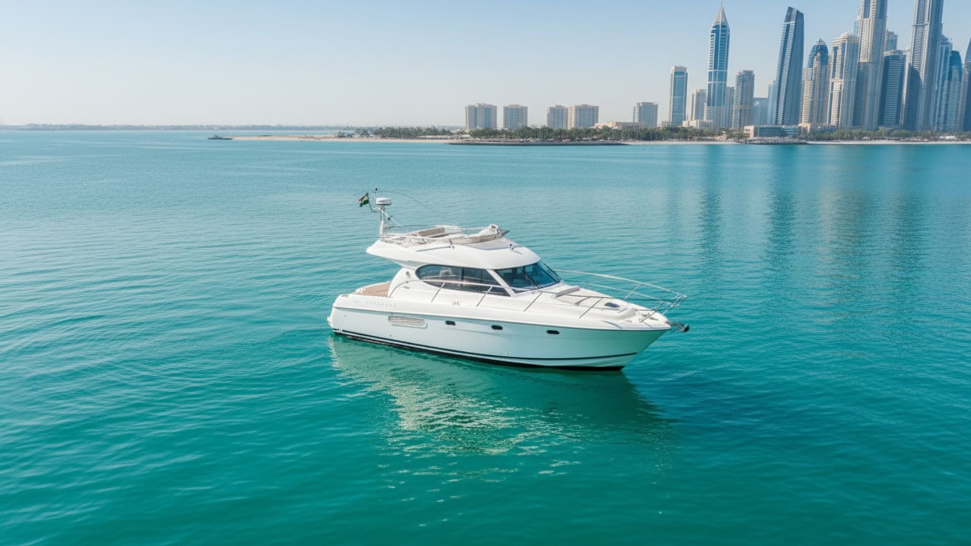 Aerial view of Majestic Legend 32 ft yacht in Dubai waters
